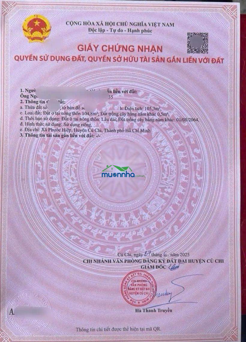 Tôi bán gấp căn nhà 105m2 giá 950tr đường nguyễn thị ni xã phước hiệp củ chi sổ hồng riêng