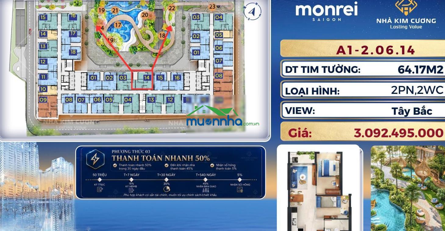 Monrei saigon, 3,092 tỷ, 64m2, 2pn, 2wc, tiện ích đầy đủ