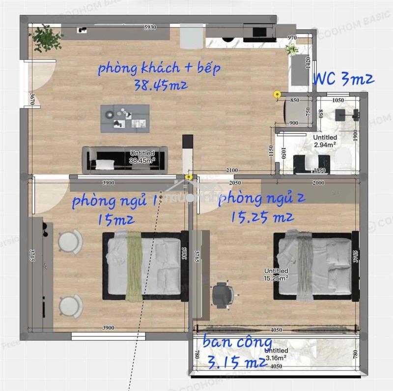 Bán chung cư 2 phòng 62m2 chỉ 3ty6 tl