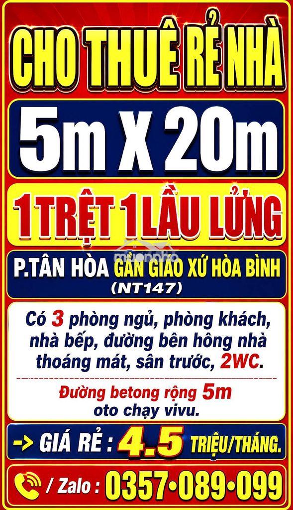 Cho thuê rẻ nhà 1trệt 1lầu lửng p.tân hòa gần giáo xứ hòa bình