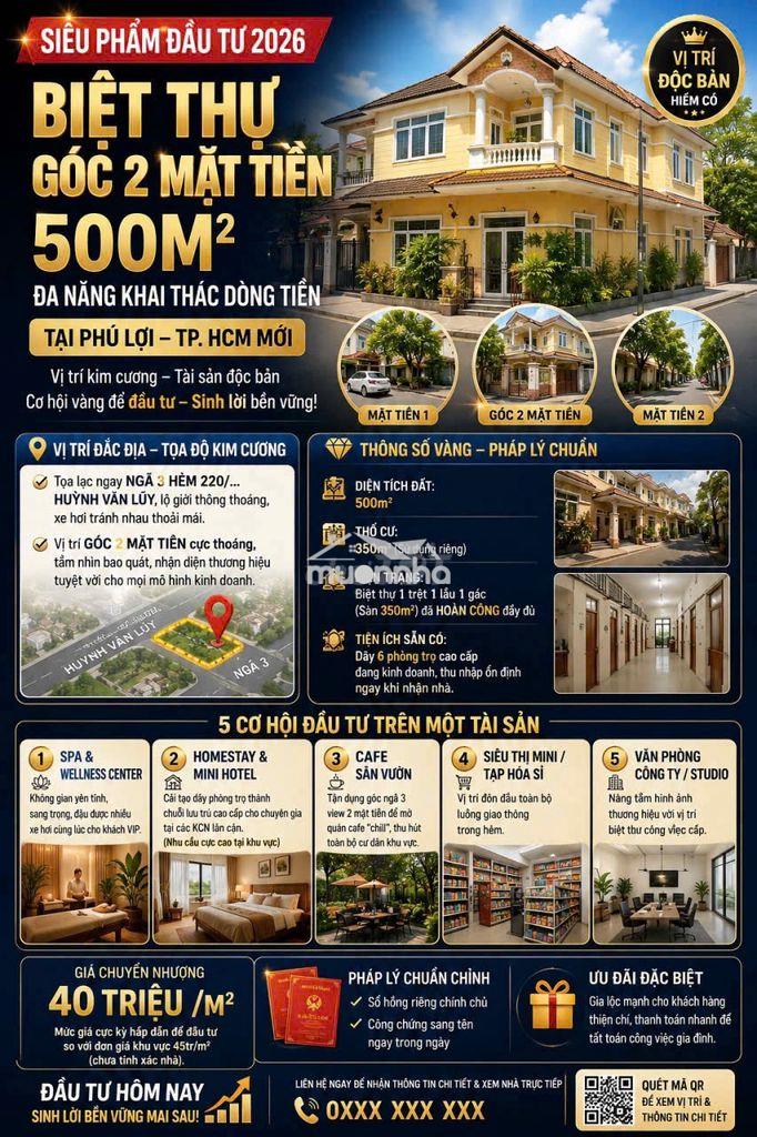 🔥 Biệt thự góc 2 mặt tiền 500m² – phú lợi – siêu phẩm đầu tư