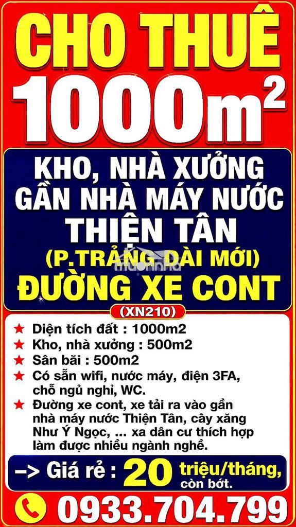 Cho thuê 1000m2 kho, nhà xưởng gần nước thiện tân (trảng dài) đồng nai