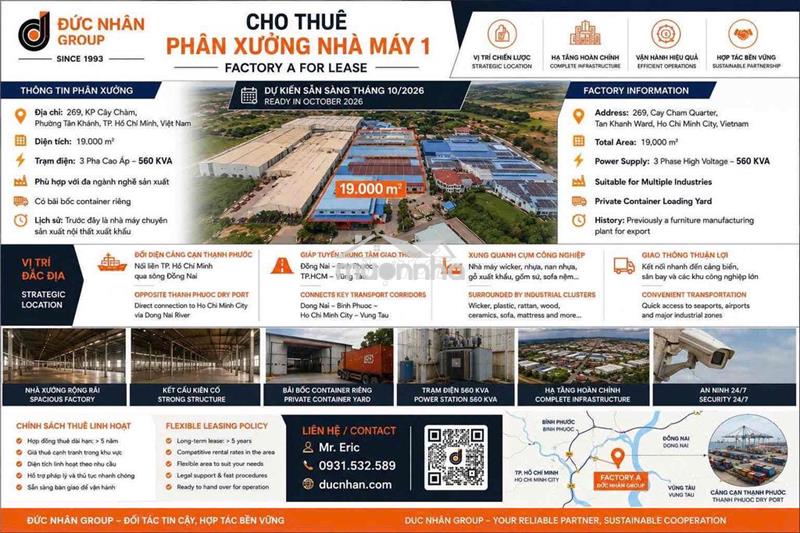 Nhà xưỡng cho thuê 19.000 m2- chuyên sản xuất