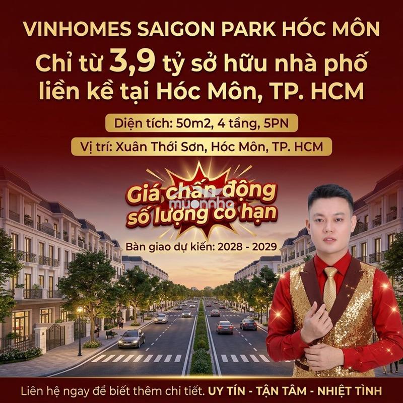 Cực sốc chỉ từ 3,9 tỷ vinhomes hóc môn – nhà phố 50m², 4 tầng, 5pn