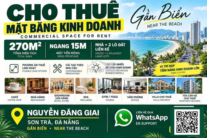 Cho thuê mặt bằng nguyễn đăng giai, sơn trà, đà nẵng – 270m², ngang 15