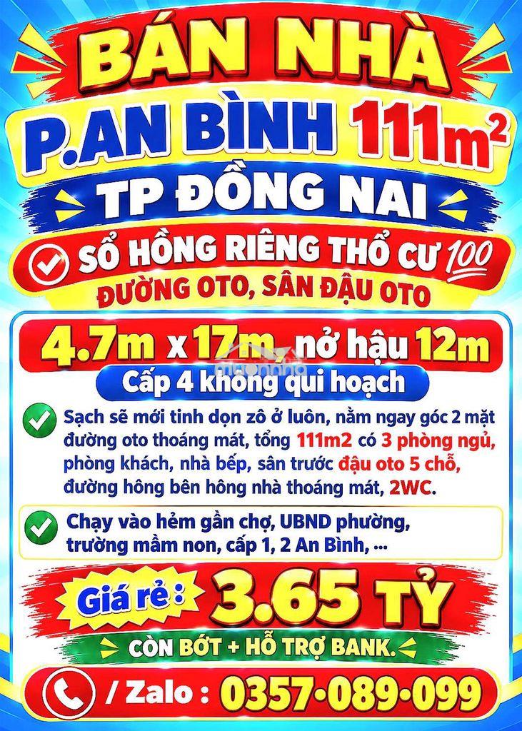 111m2 bán nhà an bình, sổ hồng riêng thổ cư 💯 đường oto, sân đậu oto