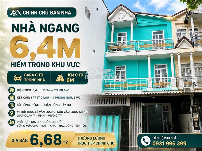 Nhà : nhà bè ngang 6,4m – 86,4m² – gara ô tô – hẻm 6m – 6,68 tỷ