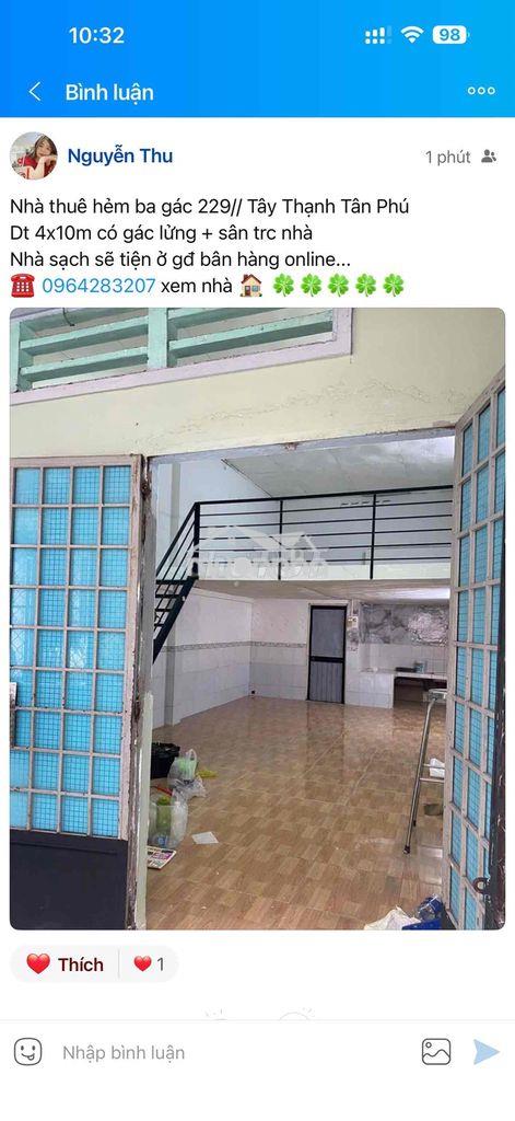 Nhà thuê hẻm ba gác 229// tây thạnh tân phú dt 4x10m có gác lửng + sâ - Ảnh 2
